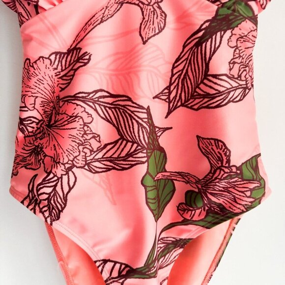 Hutch Floral Salmon Pink Ruffle Detail One Piece Swimsuit S - Picture 4 of 8